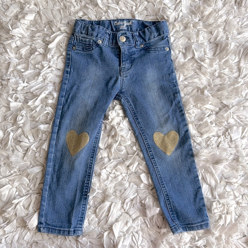 Cat & Jack With Gold Glitter Heart Knee Patch Girls Skinny Jeans Size 3T